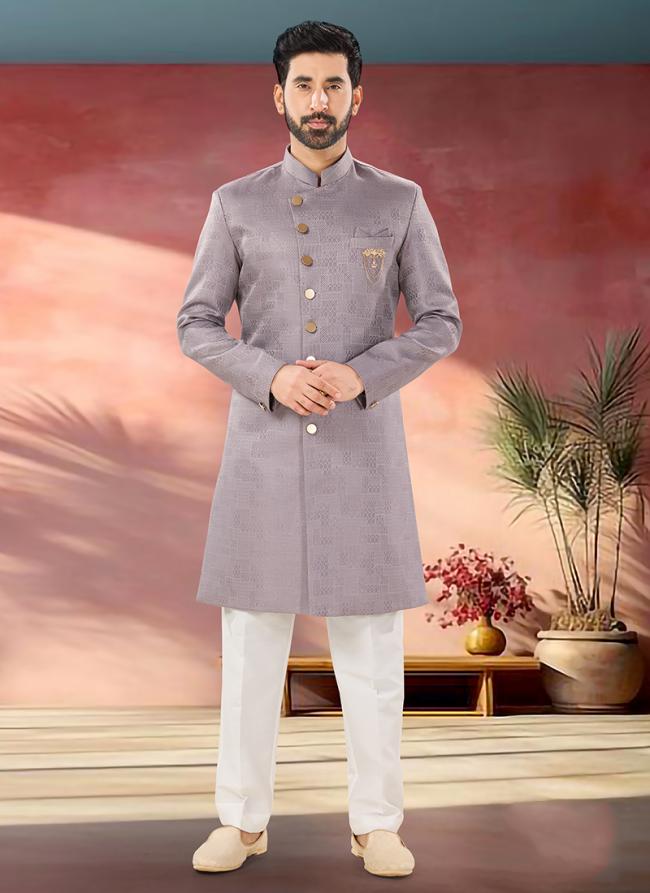 Jacquard Mauve Wedding Wear Embroidery Work Readymade Sherwani